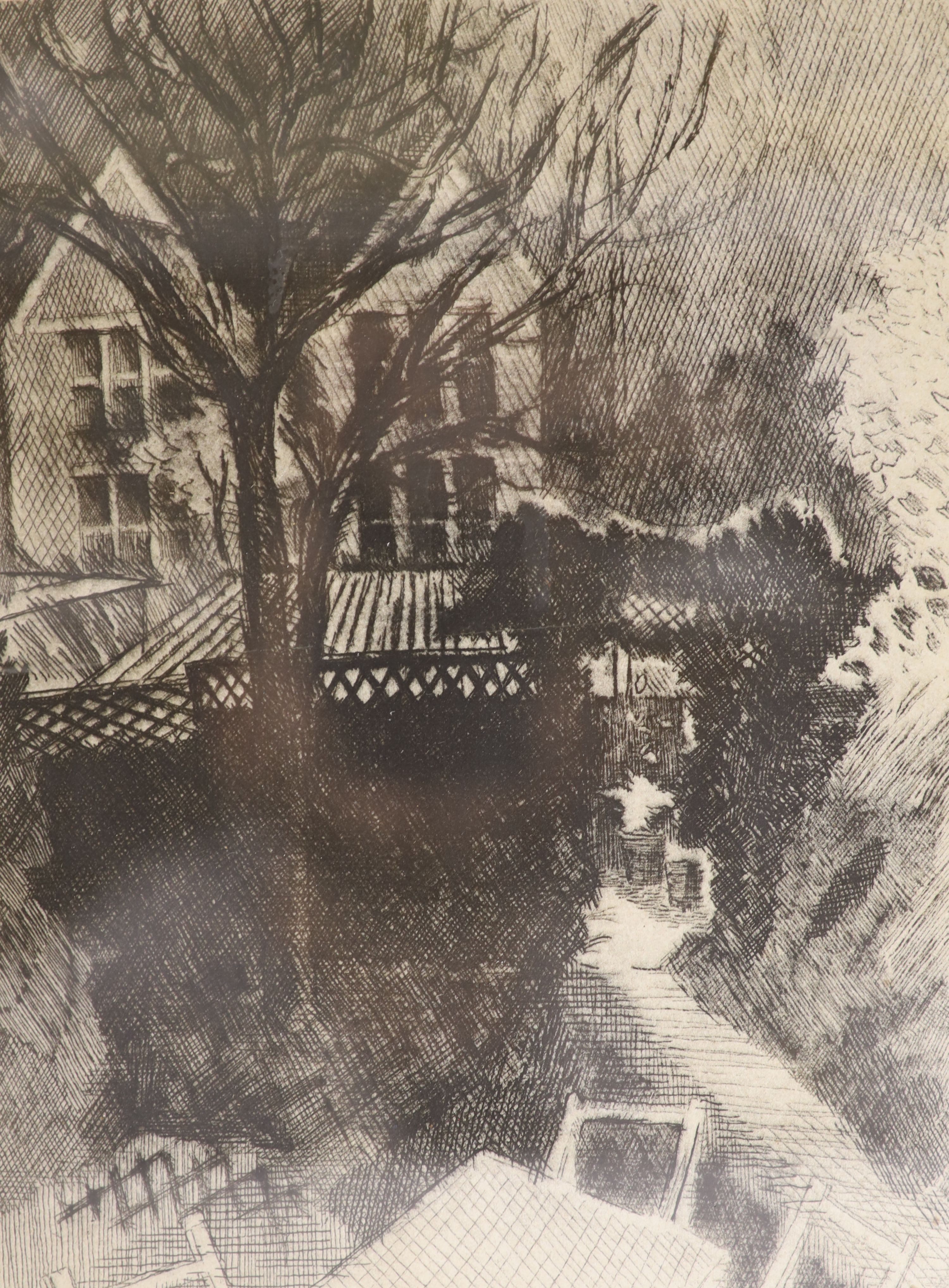 Gabriel White (1902-1988), etching, The Garden at Night, 1/20, 23 x 17cm, an unframed oil sketch of a ballet dancer, initialled MER, 41 x 31cm and an unframed linocut of a cat, signed Kelly, 21 x 16cm